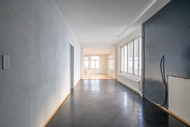 empty hallway, white walls, wooden floor, white ceiling, white radiator, windows, switch