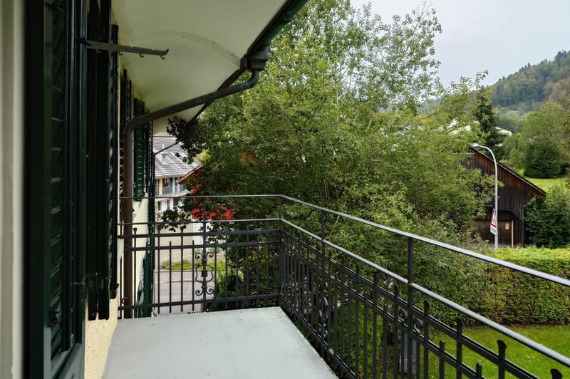 A balcony with black railing, overlooking a garden with trees and a house in the distance.