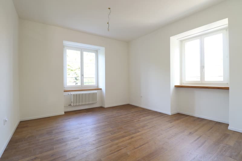 white walls, wooden floors, 2 windows, white radiator