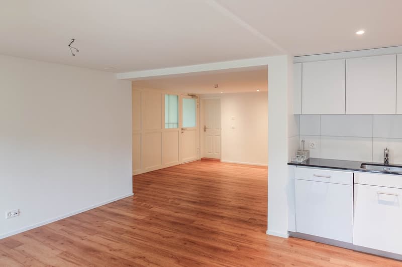 empty room, hardwood floors, white cabinets, modern sink, power outlet