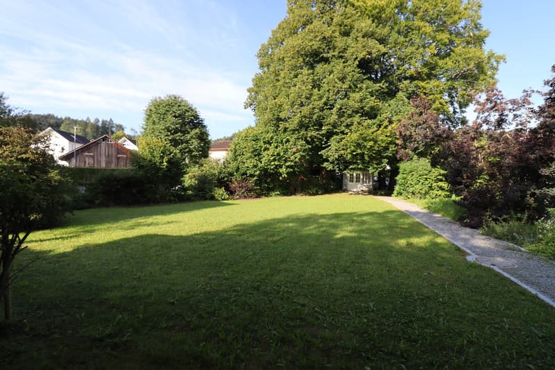 large grass field, trees, shrubs, gravel path, houses at a distance