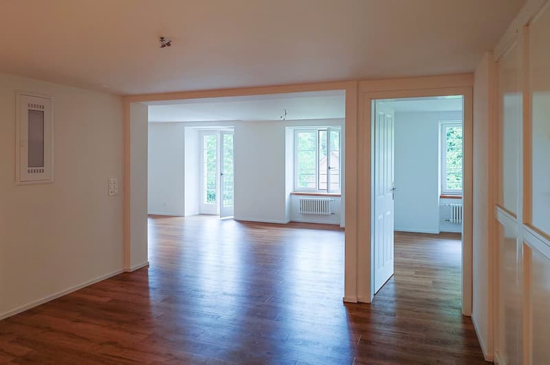 long corridor, open rooms, windows, wooden floors
