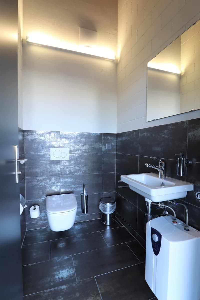 modern bathroom with white toilet, white sink, black tiles, silver faucet, mirror, toilet paper holder, trash can, water heater
