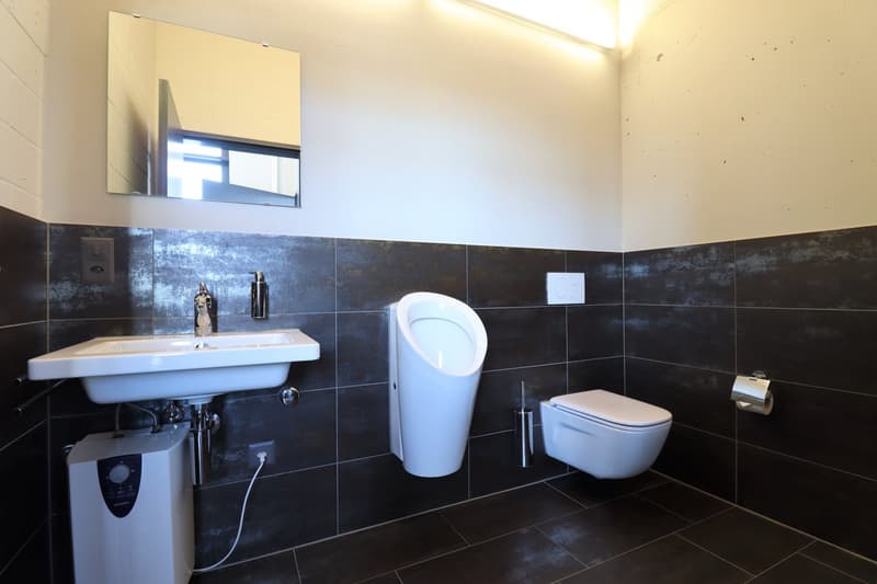 Bathroom with white sink, urinal, toilet, mirror, and black tiles