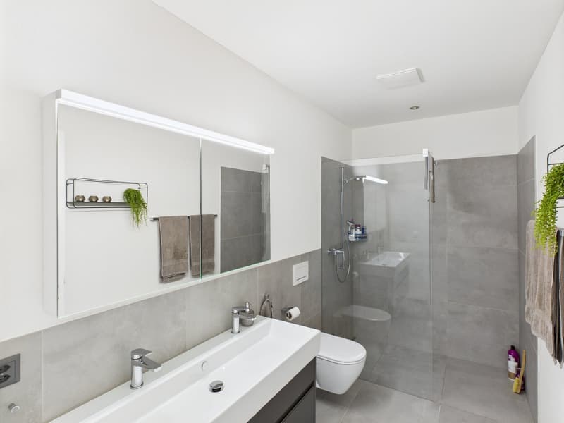modern bathroom with white sink, mirror, shower, toilet, gray tiles, white walls
