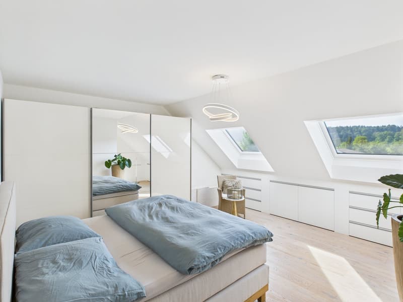 bedroom with bed, mirror, wooden floor, white walls, skylights, plants
