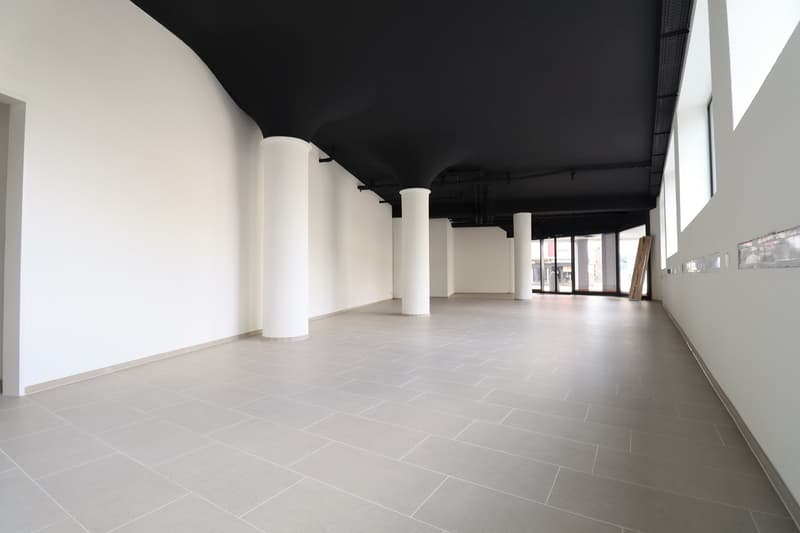 Empty room with white walls, black ceiling, tiled floor, and three white pillars