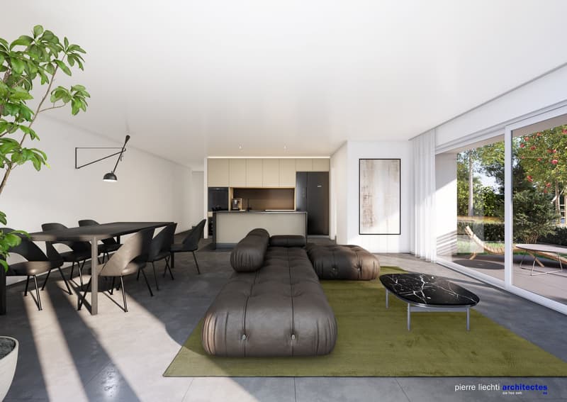 Spacious open-plan living area with large windows, modern furniture including a dining table, black leather sofas, and a black coffee table. The room has a minimalist and contemporary design with a green rug and potted plant adding natural elements.