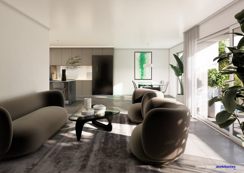 Spacious living room with large windows, modern furniture including a glass coffee table and comfortable sofas, and a kitchen area visible in the background. The room has a minimalist and contemporary design with neutral colors and natural elements like t