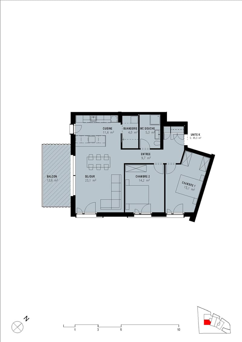 kitchen, bathroom, 2 bedrooms, living room, entrance, balcony
