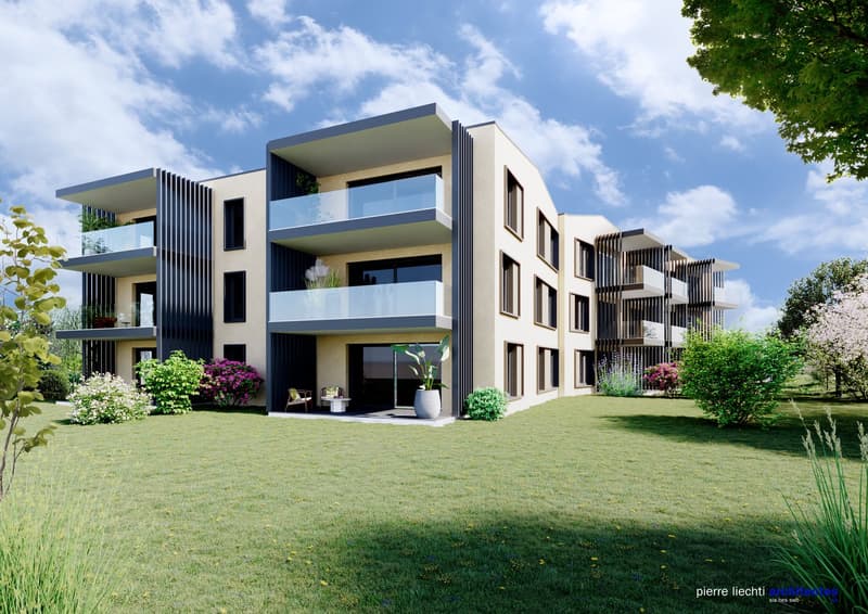 Modern apartment building with multiple balconies, beige exterior, large windows, surrounded by greenery