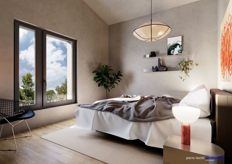 Bedroom with large window, bed, bedside table, lamp, rug, chair, plant, ceiling lamp, shelves, artwork