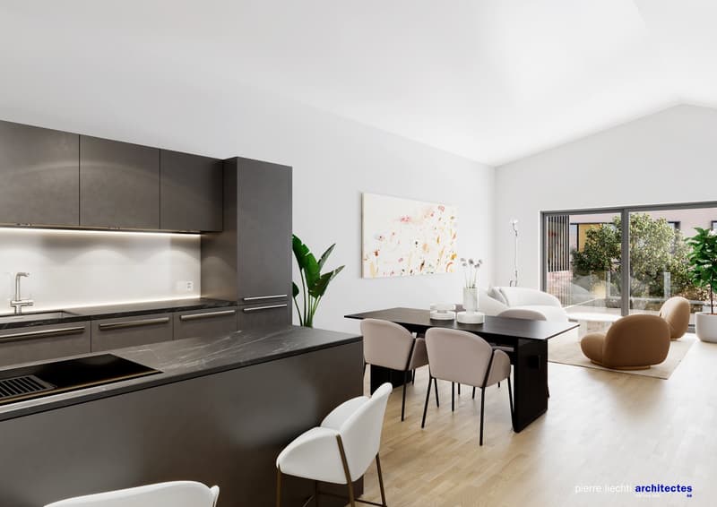 modern kitchen with marble countertop, stainless steel appliances, large dining table, modern chairs, white walls, wooden floor, large windows, plants