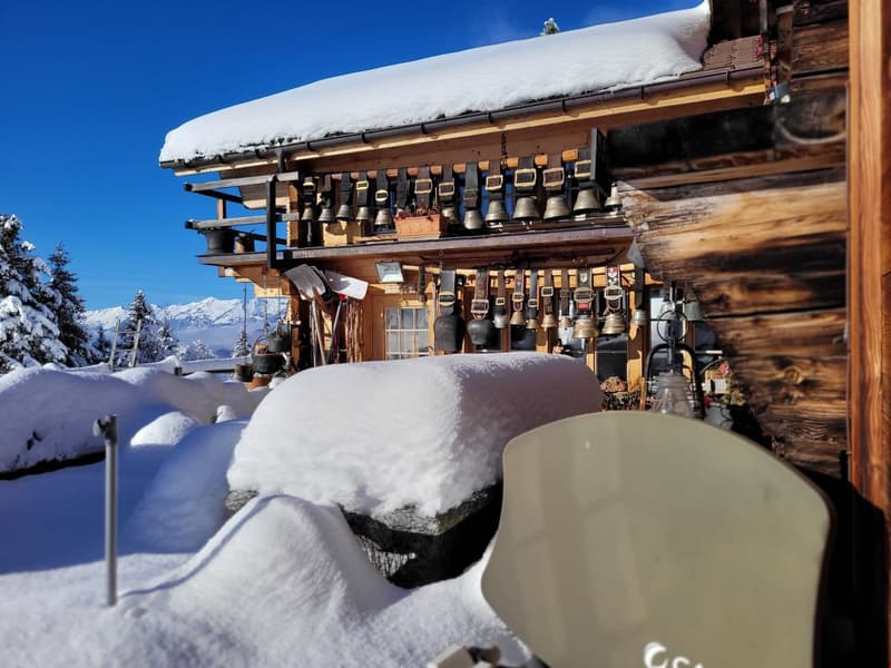 Wooden chalet, snow on the roof, bells, shovels, snow on the ground, snowy mountain