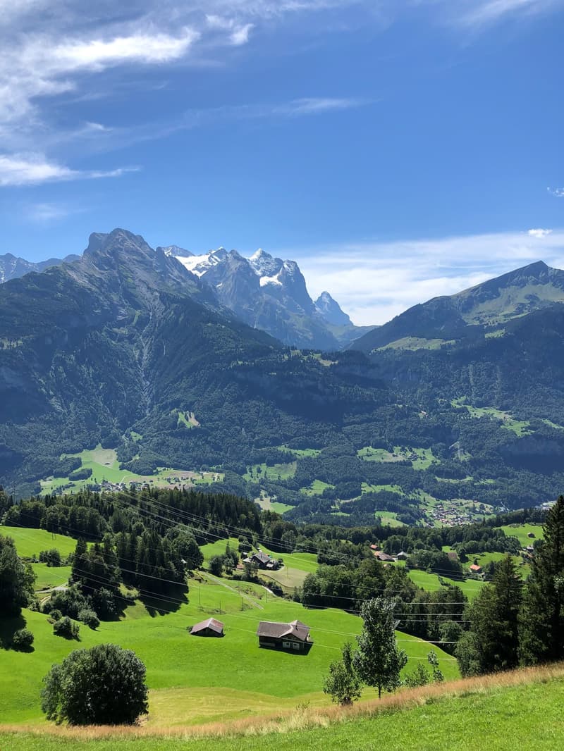 Mountainous valley with a green field, houses, and trees with a clear blue sky and mountains in the background