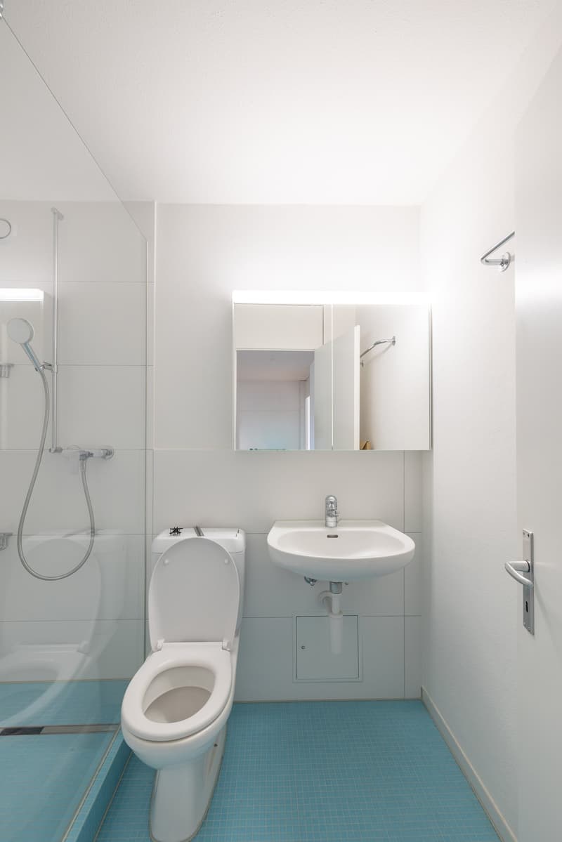 modern bathroom with white tiles, blue floor, glass shower enclosure, white toilet, white sink, mirror