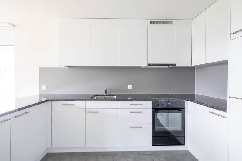 modern kitchen with white cabinets, granite countertops, stainless steel sink, built-in oven and dishwasher