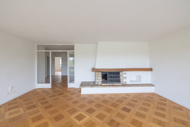 empty room, wooden parquet floor, white walls, fireplace, glass doors