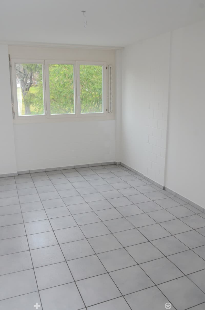 Large room, white tiled floor, white walls, large window overlooking trees