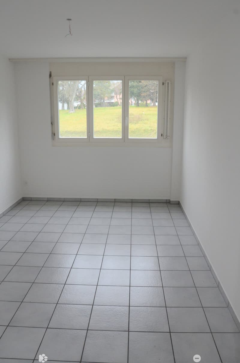 an empty room with white tiled floor, a window with white frame and view of a grassy field