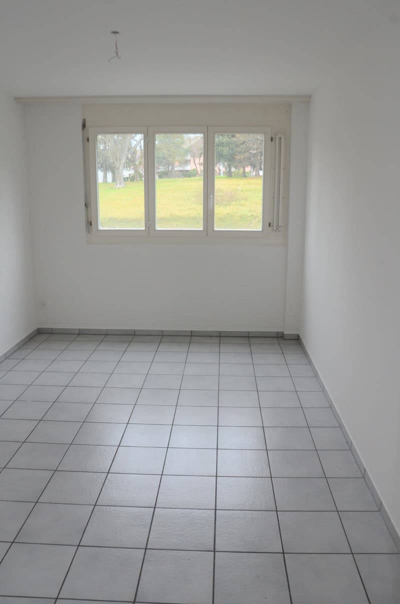 an empty room with white tiled floor, a window with white frame and view of a grassy field