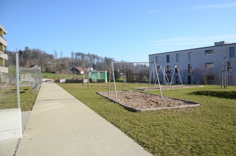 green lawn, playground, swing set, slide, and a covered shelter