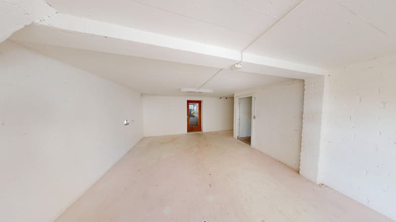 Empty room, white walls, white ceiling, wooden door, open door on the right, and a light mounted on the ceiling.