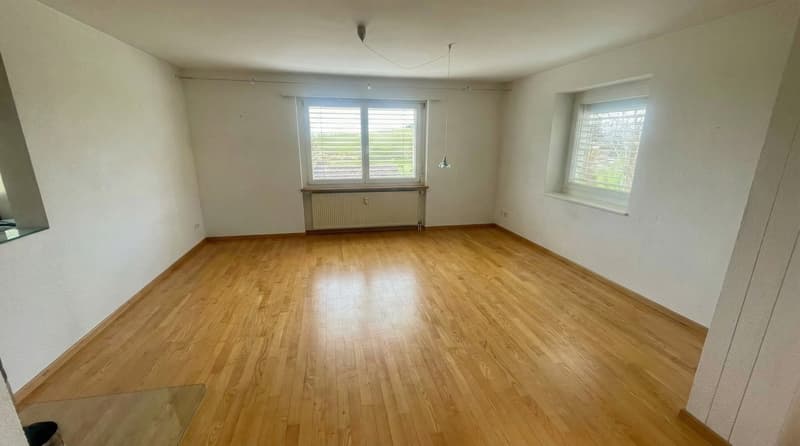 empty room, hardwood floor, white walls, two windows with blinds, heating radiator, glass shelf