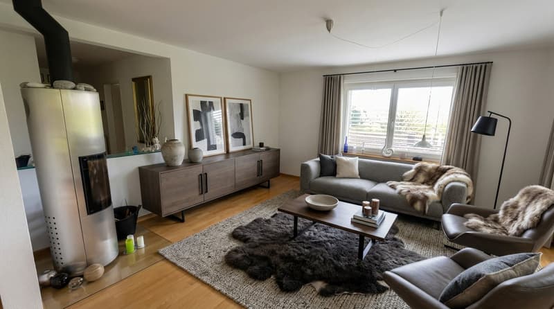 gray sofa, armchair, coffee table, rug, sideboard, floor lamp, fireplace, windows with curtains