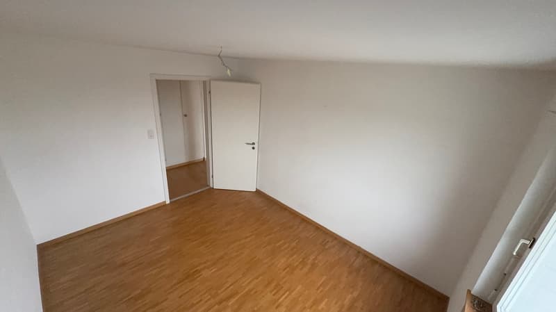 empty room, wooden floor, white walls, entrance door, small side door
