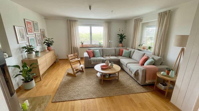 sectional sofa, coffee table, rugs, wooden floor, decorative objects, fireplace