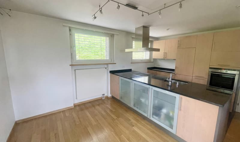 modern kitchen, white walls, wooden floor, white cabinets, black countertops, built-in oven, sink, large window, white shutters
