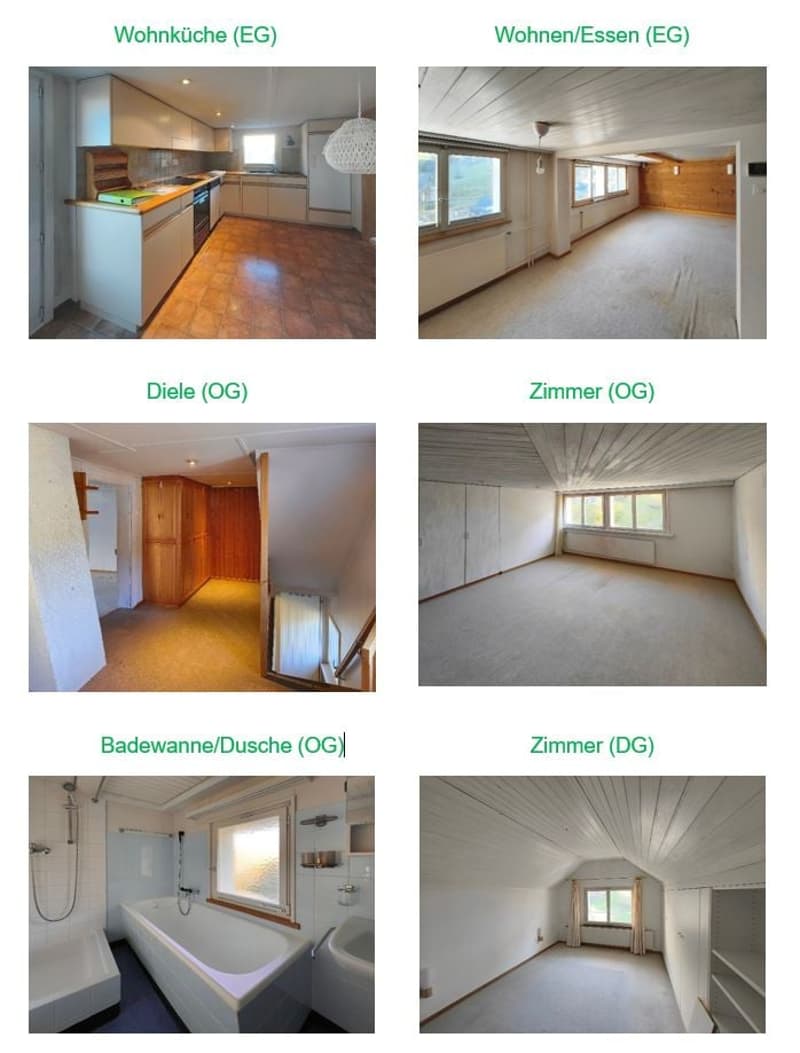 Living room/Kitchen (EG), Living room/Dining room (EG), Attic corridor (OG), Attic room (OG), Attic bathroom/Shower (OG), Attic room (DG)
