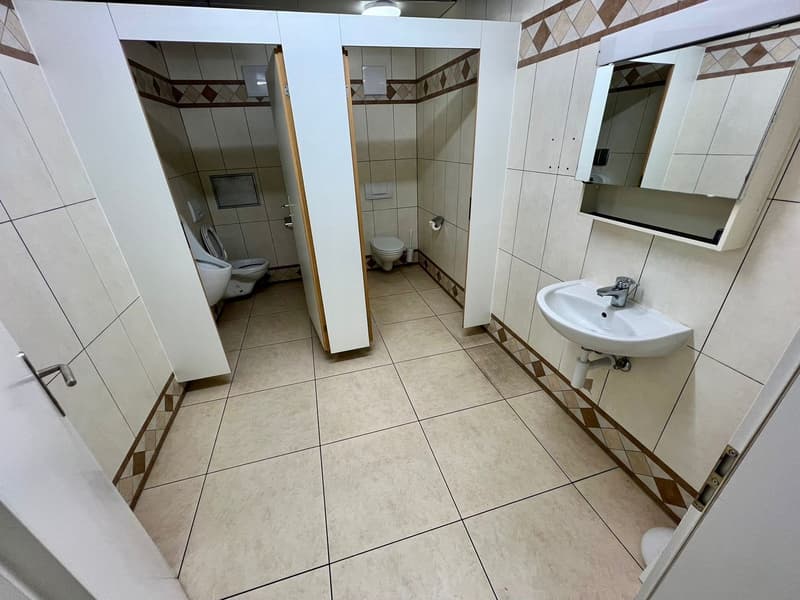 The image shows a bathroom with white and brown tiled walls, a toilet, a sink, and a mirror cabinet. The floor is also tiled in a light color.