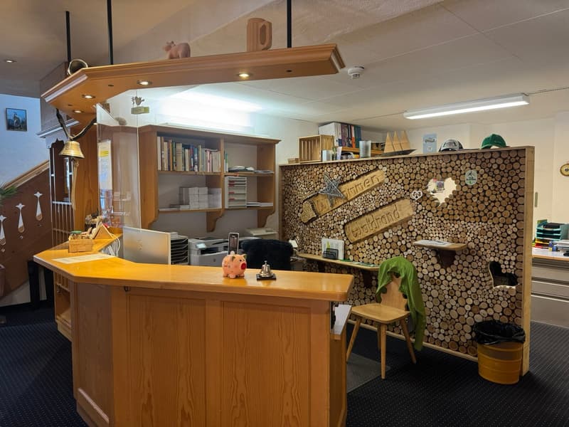 reception area with counter, bookshelves, wooden logs wall, chairs, waste bin, lamps
