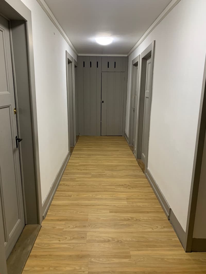 The image shows a long hallway with a wooden floor and gray walls. There are several doors along the hallway, and a washing machine is visible in one of the rooms.