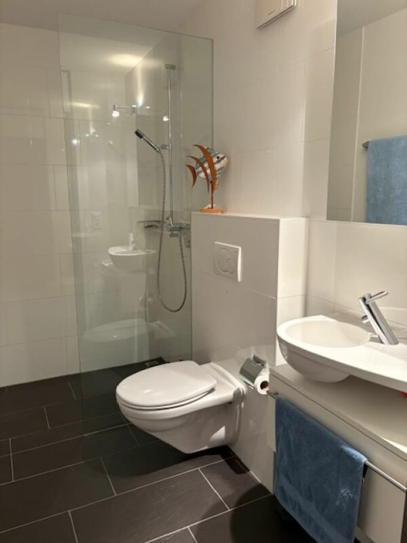 Badezimmer 1. mit Dusche, Lavabo und Toilette.