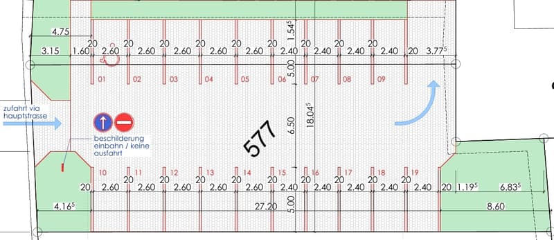 The image shows a floor plan with a series of numbered sections. The plan includes a parking area, and the dimensions of the various sections are provided.
