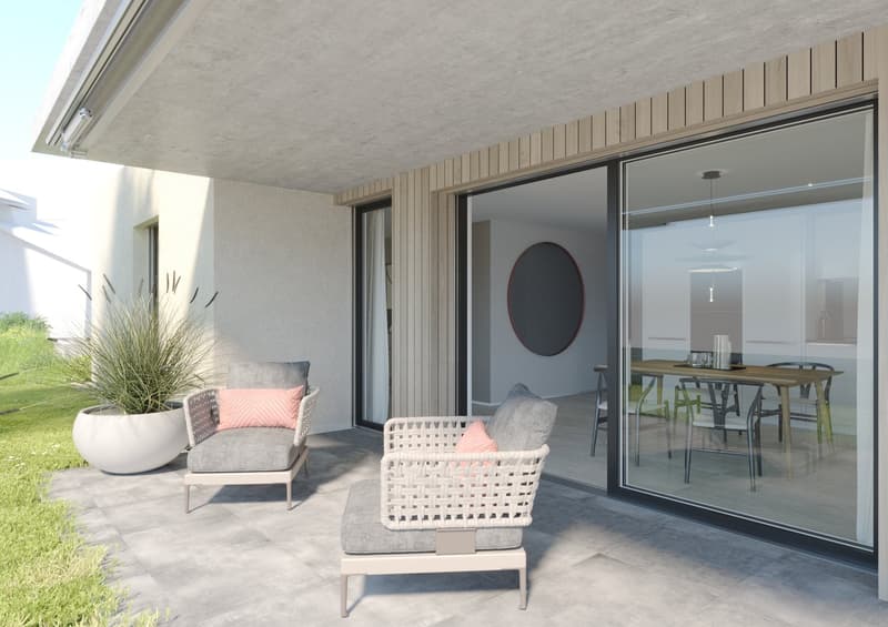 Covered patio with wicker furniture, potted plants, and large sliding glass doors leading to the interior living space.