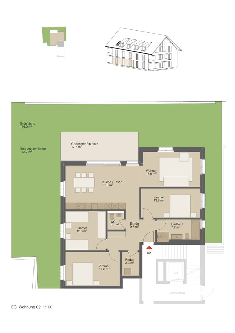 The floor plan shows a 3-bedroom apartment with a living room, kitchen/dining area, bathroom, and a covered balcony/terrace.