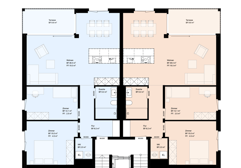 The floor plan shows a multi-unit residential building with two apartments per floor. Each apartment has a living room, two bedrooms, a kitchen, and a bathroom. There are also two terraces, one for each apartment.