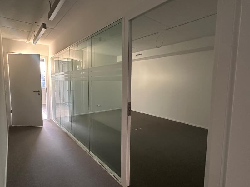 empty room with glass walls and grey carpet