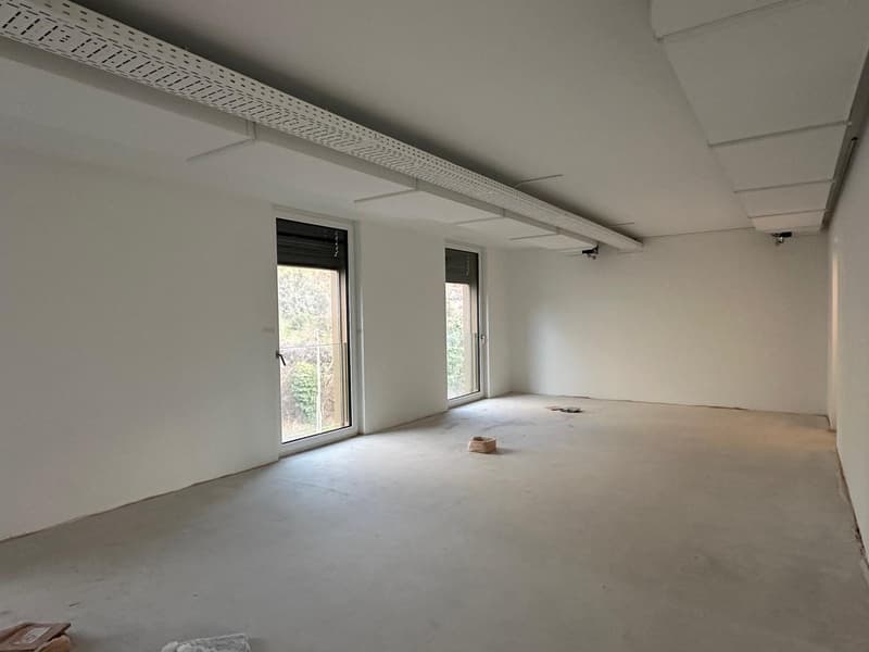 Empty room, concrete floor, glass windows, closed doors, security cameras on the ceiling.