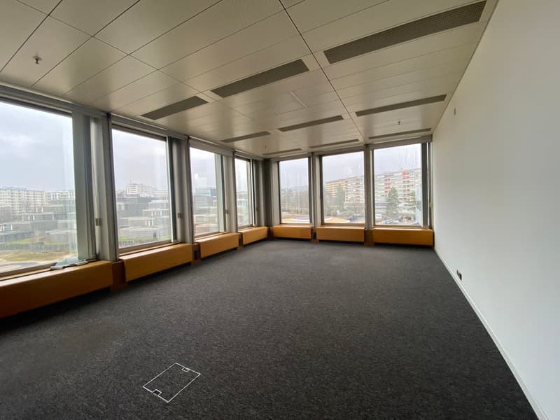 Large open office space with floor-to-ceiling windows, grey carpeted floor, suspended ceiling with lighting fixtures, and built-in benches along the walls.