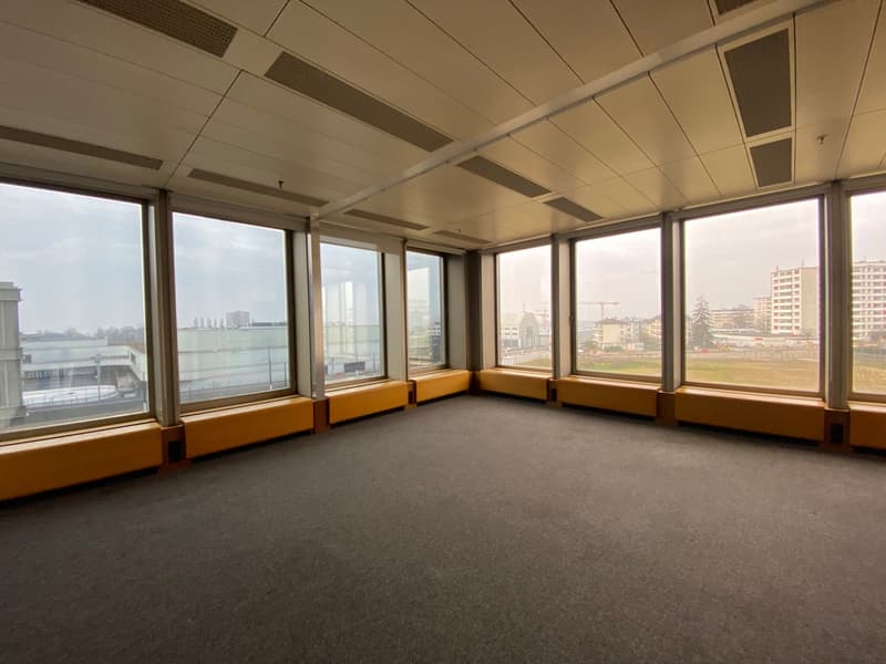 Large open office space with floor-to-ceiling windows offering a panoramic view of the city skyline. The space has a carpeted floor and a suspended ceiling with lighting fixtures. The room appears to be empty, ready for furnishing and use as an office or