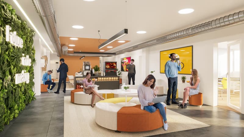 modern office, seating area, green wall with text, tables, people working on laptop, cafe area with beverage machine, artwork on wall