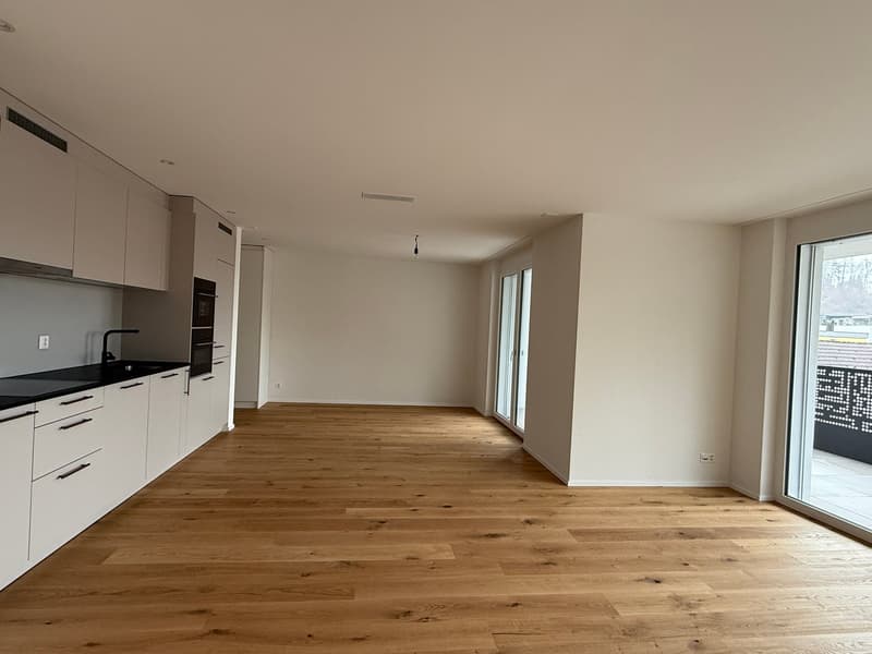 Empty kitchen with white cabinets, wooden floor, black countertops, modern appliances, sliding glass doors