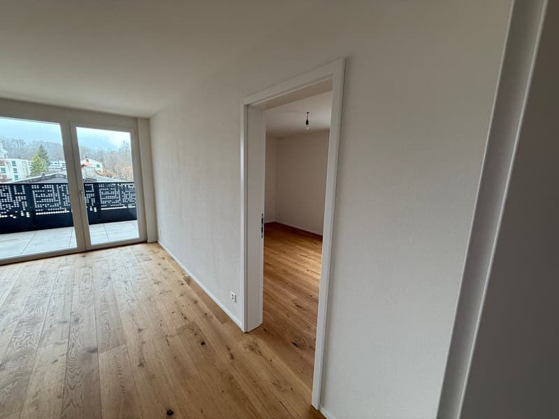 empty room, wooden floor, white walls, sliding glass doors, balcony, view of the outside