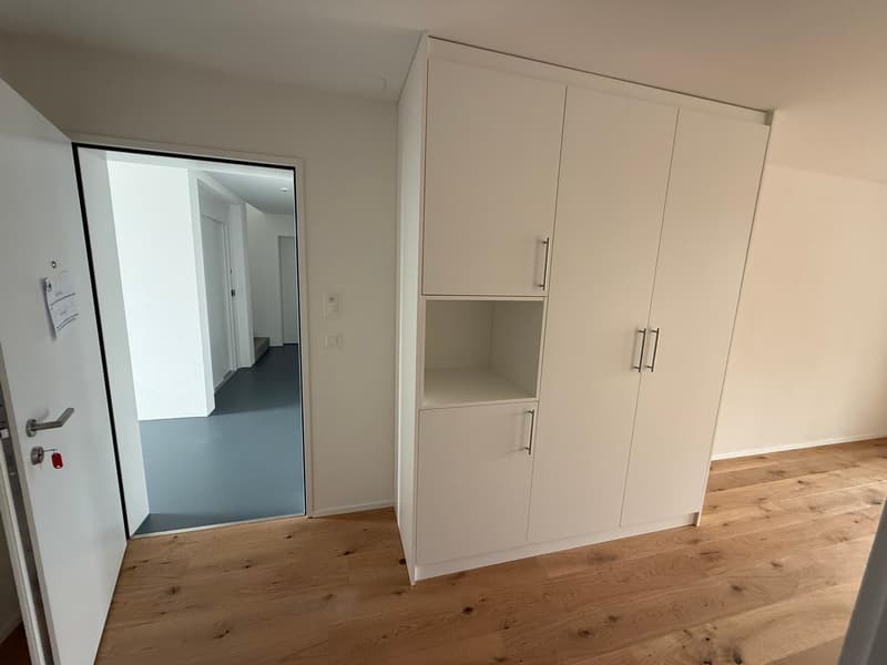 Empty room with white walls, wooden floor, large white wardrobe, open door leading to another room