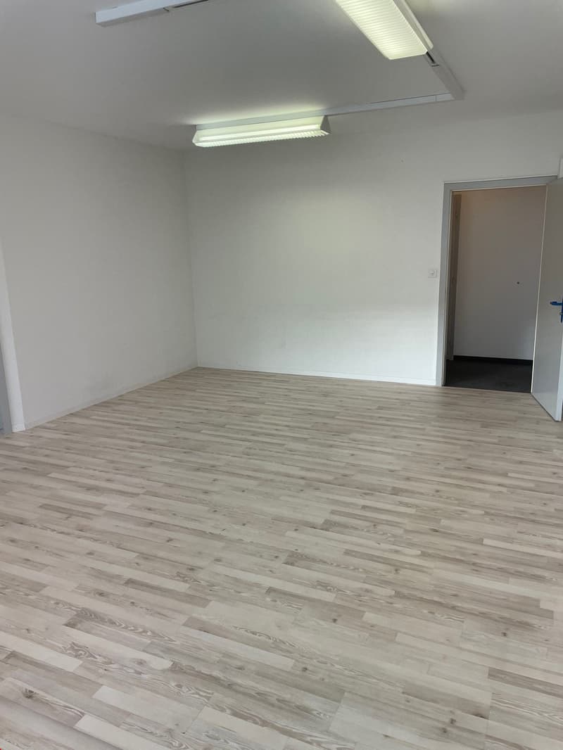Empty room with white walls, wooden floor, two overhead fluorescent lights, open door